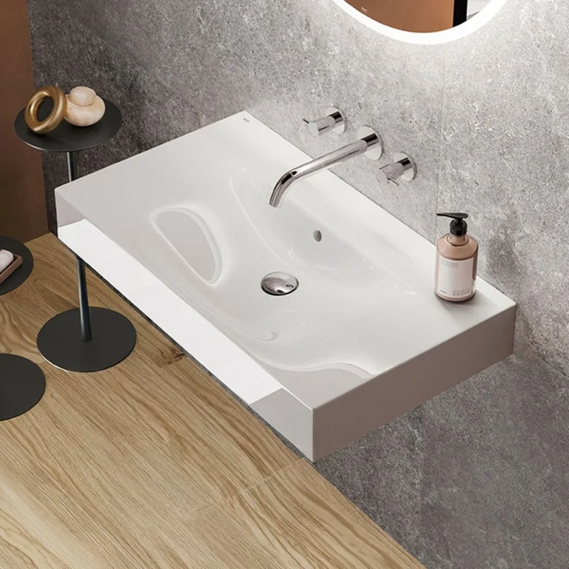 Lavabo sospeso 80cm rettangolare in ceramica bianca senza foro per rubinetto Rak Des
