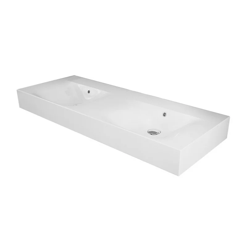 Lavabo sospeso doppio 120cm rettangolare in ceramica bianca senza foro per rubinetto Rak Des
