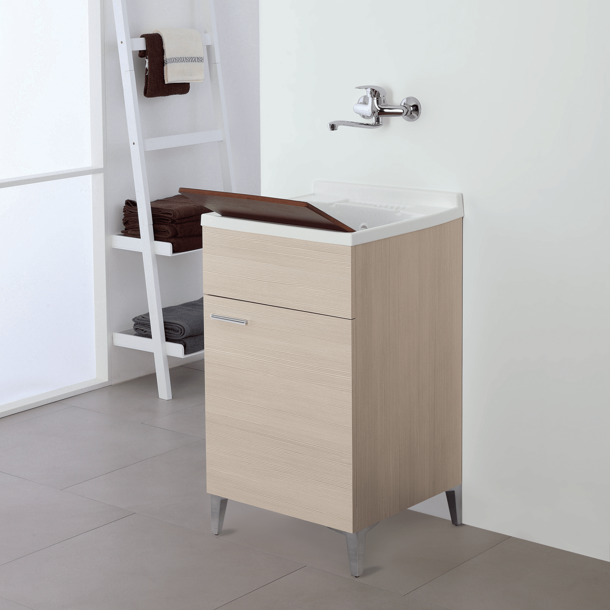 Lavatoio a Terra 50x50 Un'Anta Con Vasca Sifone e Tavoletta In Legno Feridras "Stella" Larice