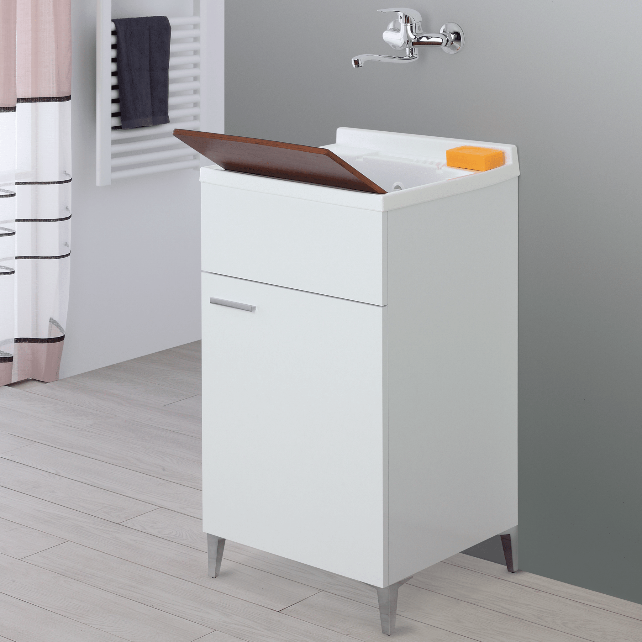 Lavatoio a Terra 50x50 Un'Anta Con Vasca e Sifone Tavoletta In Legno Feridras "Stella" Bianco Lucido