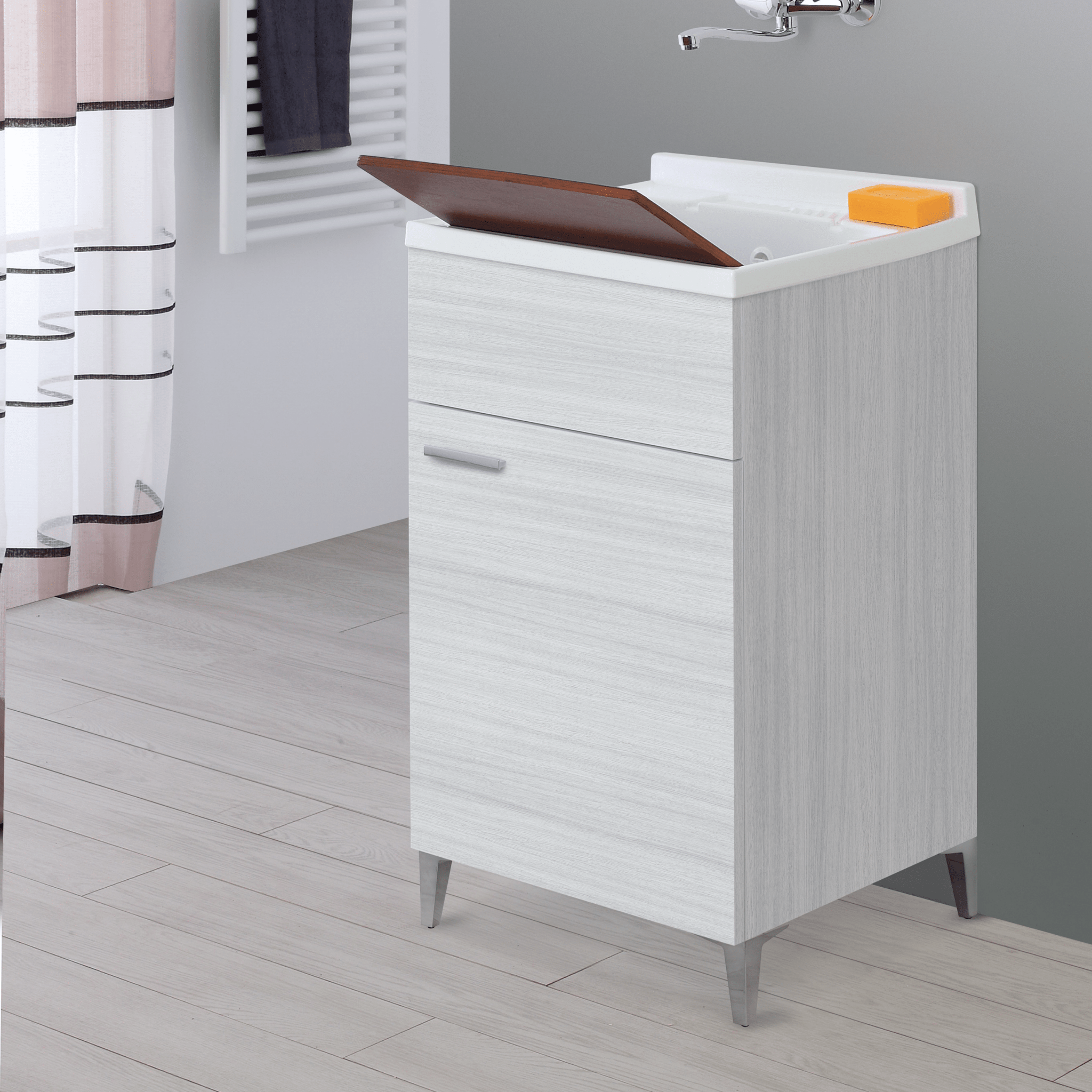 Lavatoio a Terra 50x50 Un'Anta Con Vasca Sifone e Tavoletta In Legno Feridras "Stella" Grigio