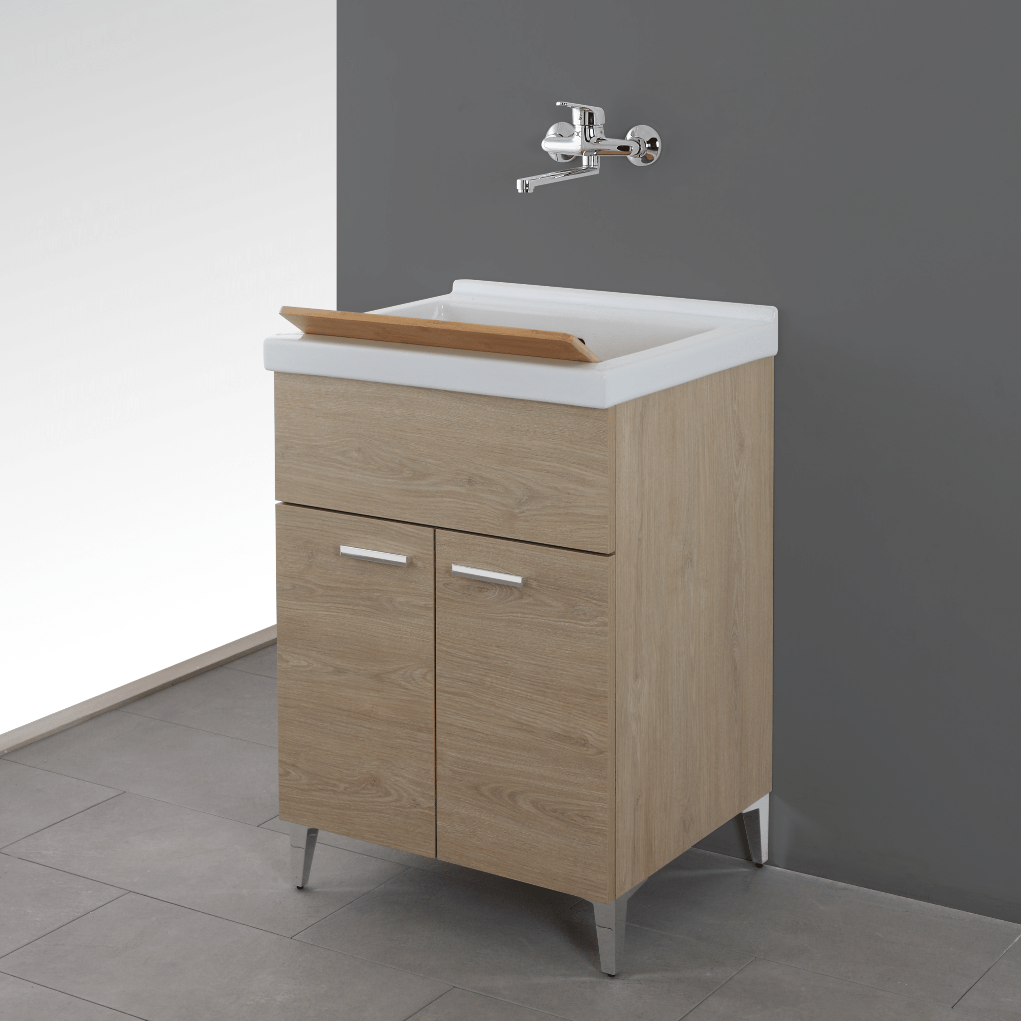 Lavatoio a Terra 60x50 Due Ante Con Vasca Sifone e Tavoletta In Legno Feridras "Stella" Rovere Dolomite