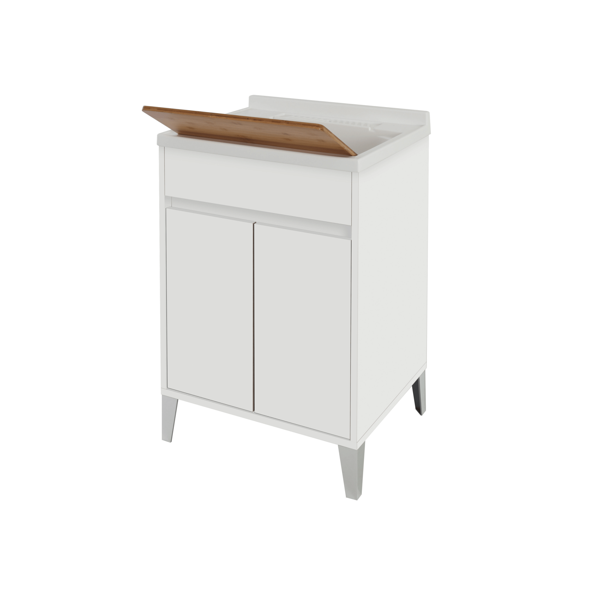 Lavatoio a Terra 60x50 Due Ante Con Vasca Sifone e Tavoletta In Legno Feridras "Mondo 2.0" Bianco Opaco/Bianco Laccato