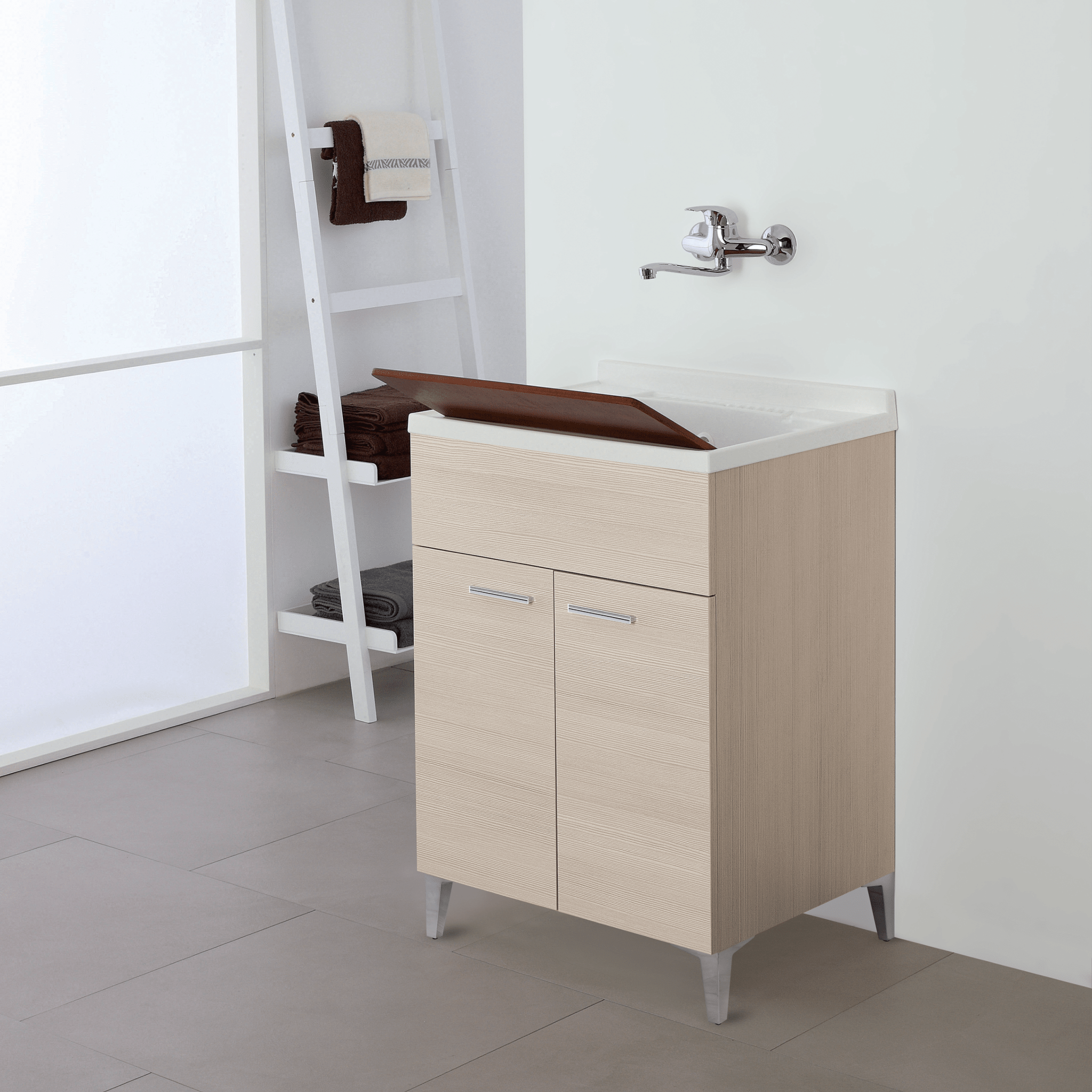 Lavatoio a Terra 60x50 Due Ante Con Vasca Sifone e Tavoletta In Legno Feridras "Stella" Larice