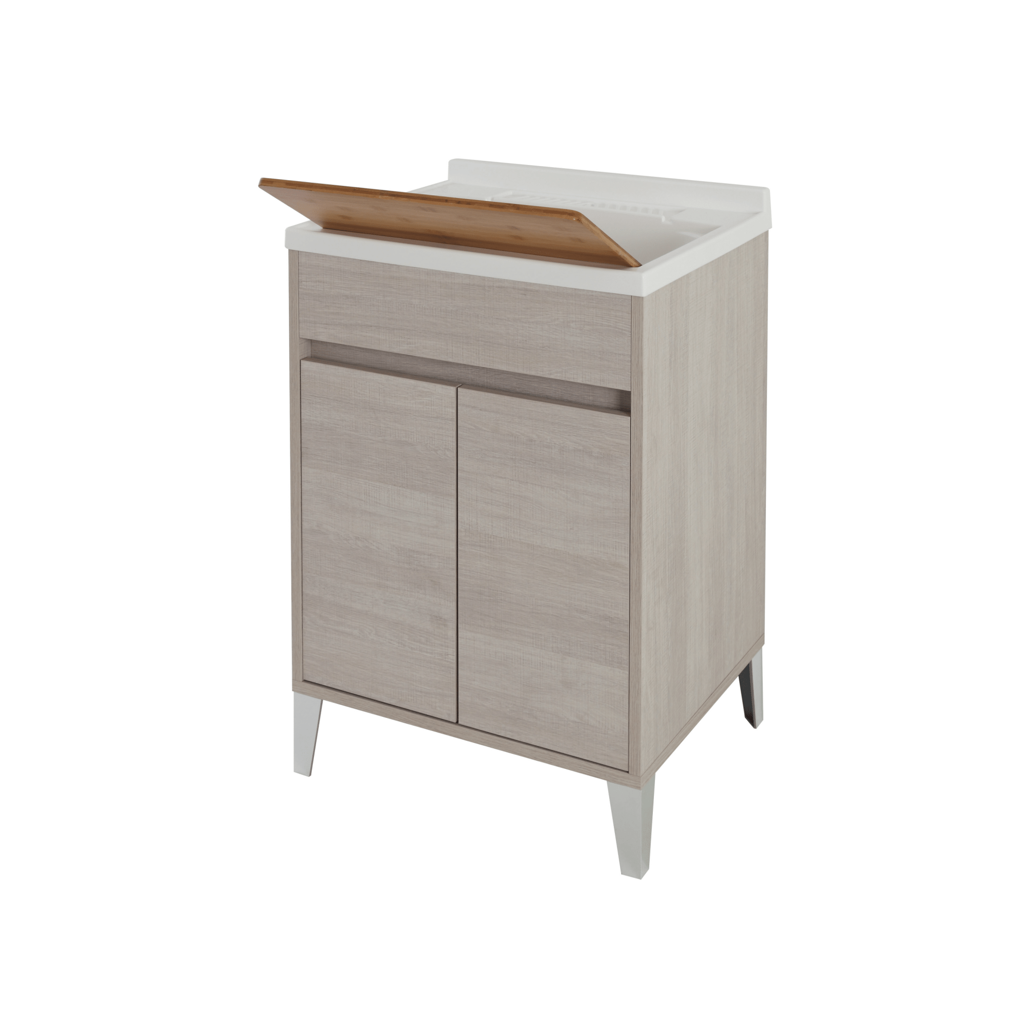 Lavatoio a Terra 60x50 Due Ante Con Vasca Sifone e Tavoletta In Legno Feridras "Mondo 2.0" Rovere Chiaro