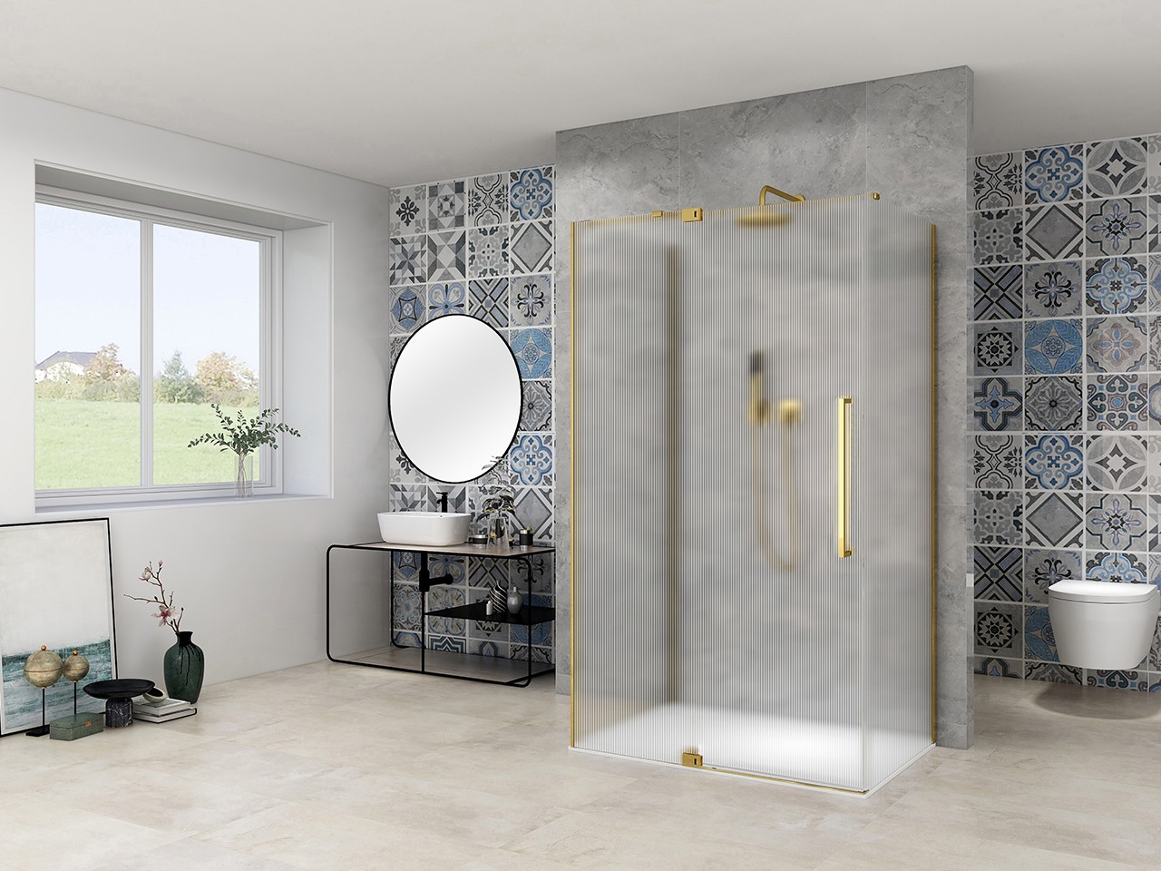 Box Doccia 3 Lati Mantra 100x70 H200 Est 69/71 - 93/100 Cristalli 8 mm Corrugati e Profili Oro Spazzolato-9020337