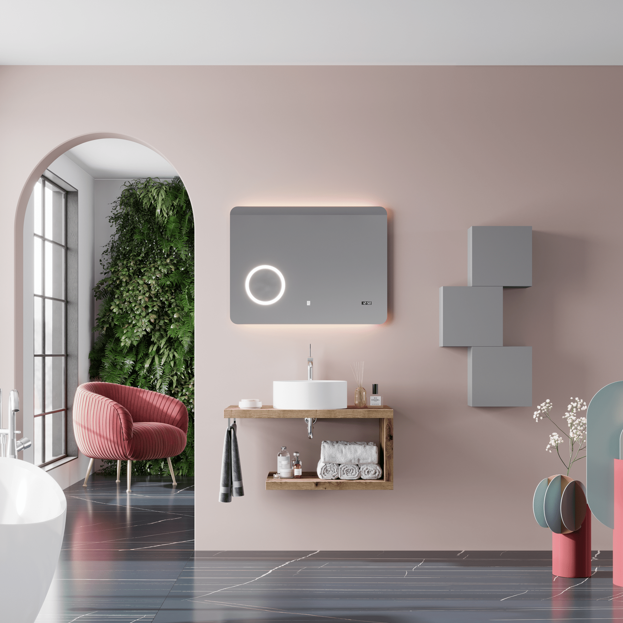 Mensolone Bagno Sospeso 80 Cm Specchio Con Illuminazione Led 80x60 Cm Savini Due "Linea"