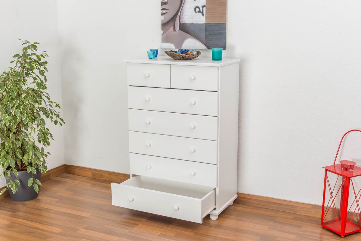 Cassettiera "Junco" 134, pino massiccio, laccato bianco - 118 x 80 x 42 cm