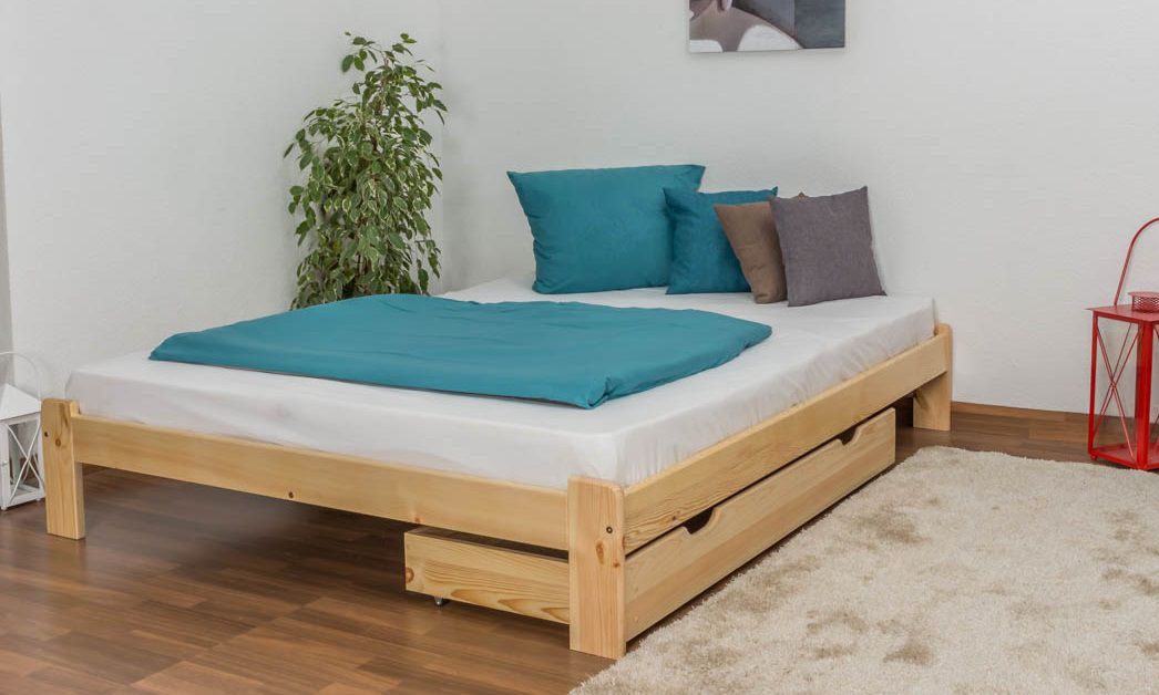 Letto singolo in pino massello naturale A10, incl. rete a doghe - 160 x 200 cm