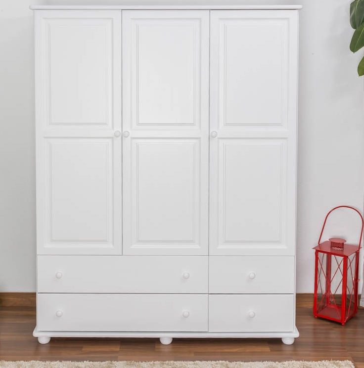 Armadio "Junco" 03, pino massiccio, laccato bianco - 195 x 155 x 59 cm