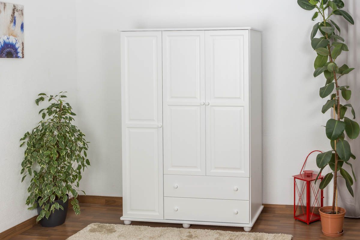 Armadio "Junco" 06, pino massiccio, laccato bianco - 195 x 135 x 59 cm