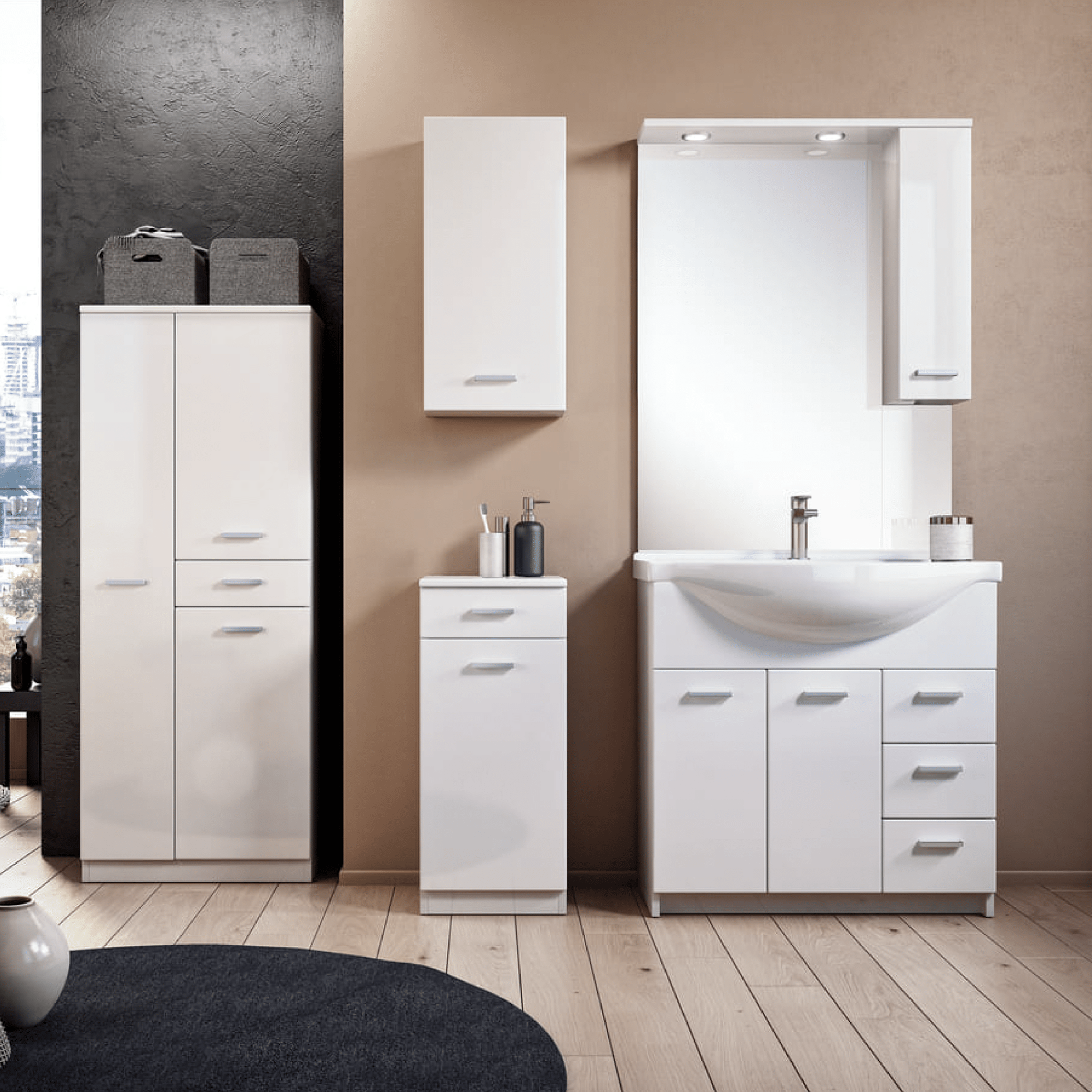 Mobile Bagno a Terra 105 Cm Due Ante Tre Cassetti Specchio Con Pensile e Fari Led 99x104 Cm Savini "Classica" Bianco Lucido