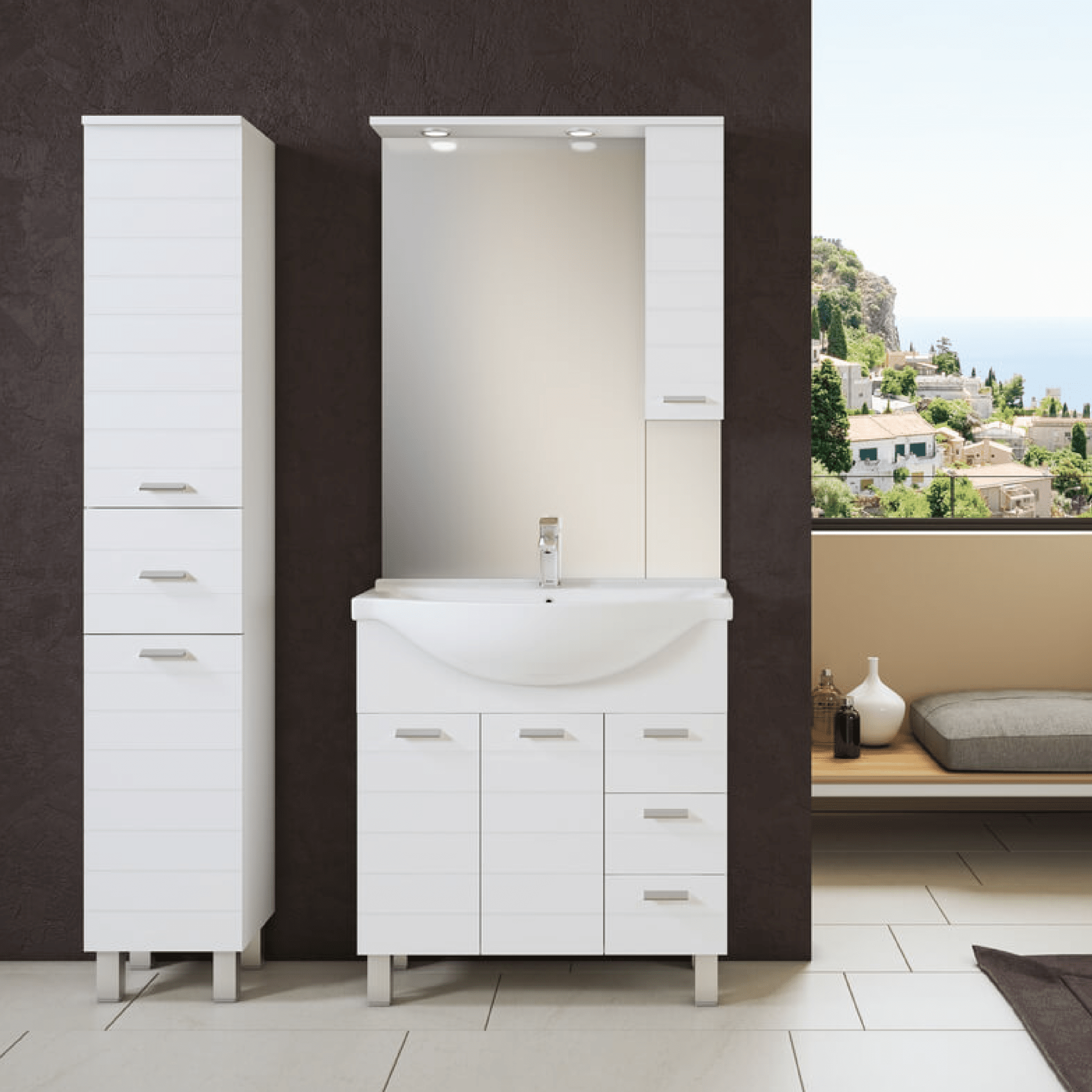 Mobile Bagno a Terra 85 Cm Due Ante Tre Cassetti Specchio Con Pensile e Fari Led 81x104 Cm Savini "Classica" Bianco Lucido