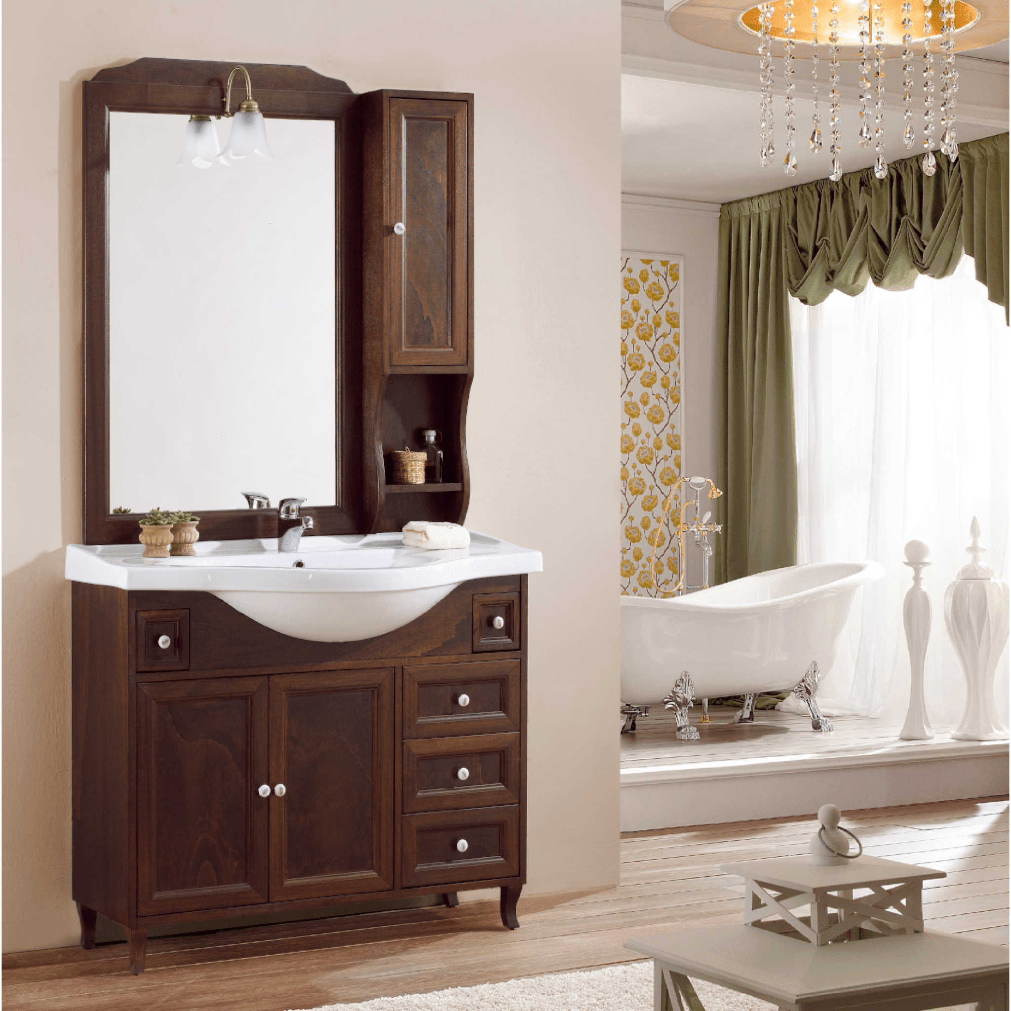 Mobile Bagno a Terra 105 Cm Due Ante Tre Cassettini Specchio Con Lampada Led 75x100 Cm Esseci Arredo Bagno "Romeo"