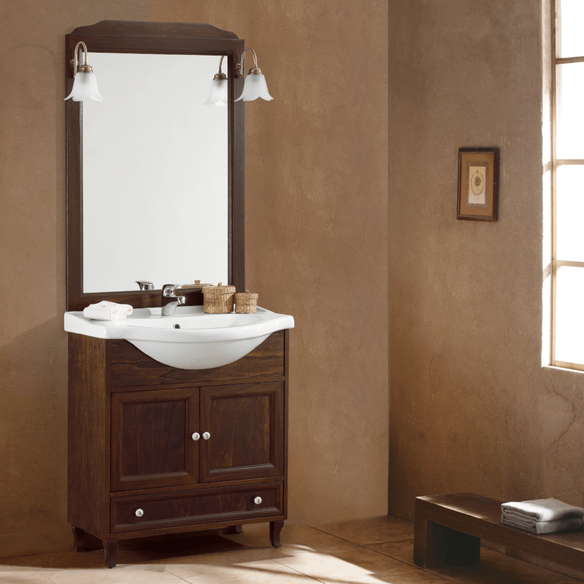 Mobile Bagno a Terra 75 Cm Due Ante Specchio Con Lampade Led 75x100 Cm Esseci Arredo Bagno "Paola"