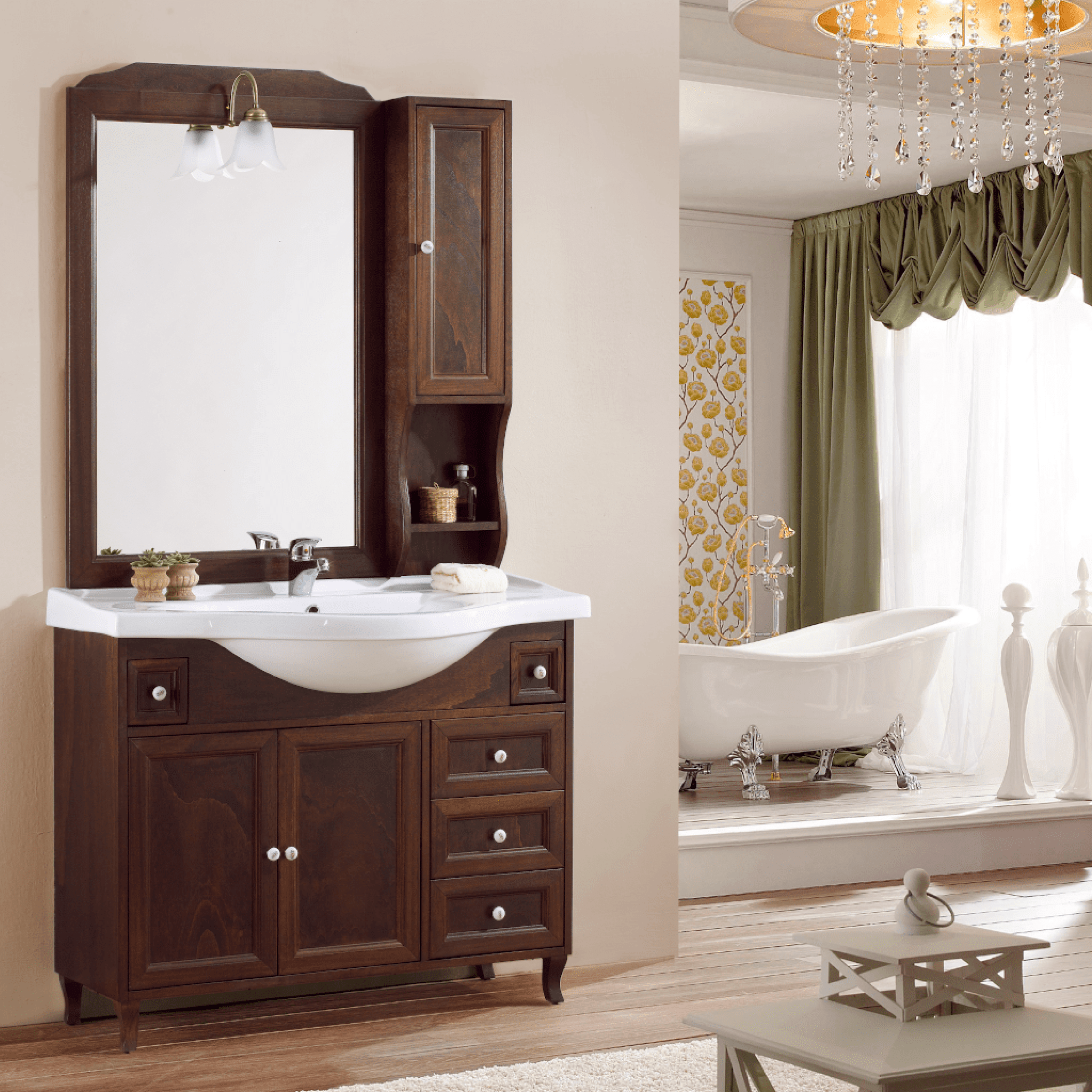 Mobile Bagno a Terra 85 Cm Due Ante Tre Cassettini Specchio Con Lampada Led 75x100 Cm Esseci Arredo Bagno "Romeo"