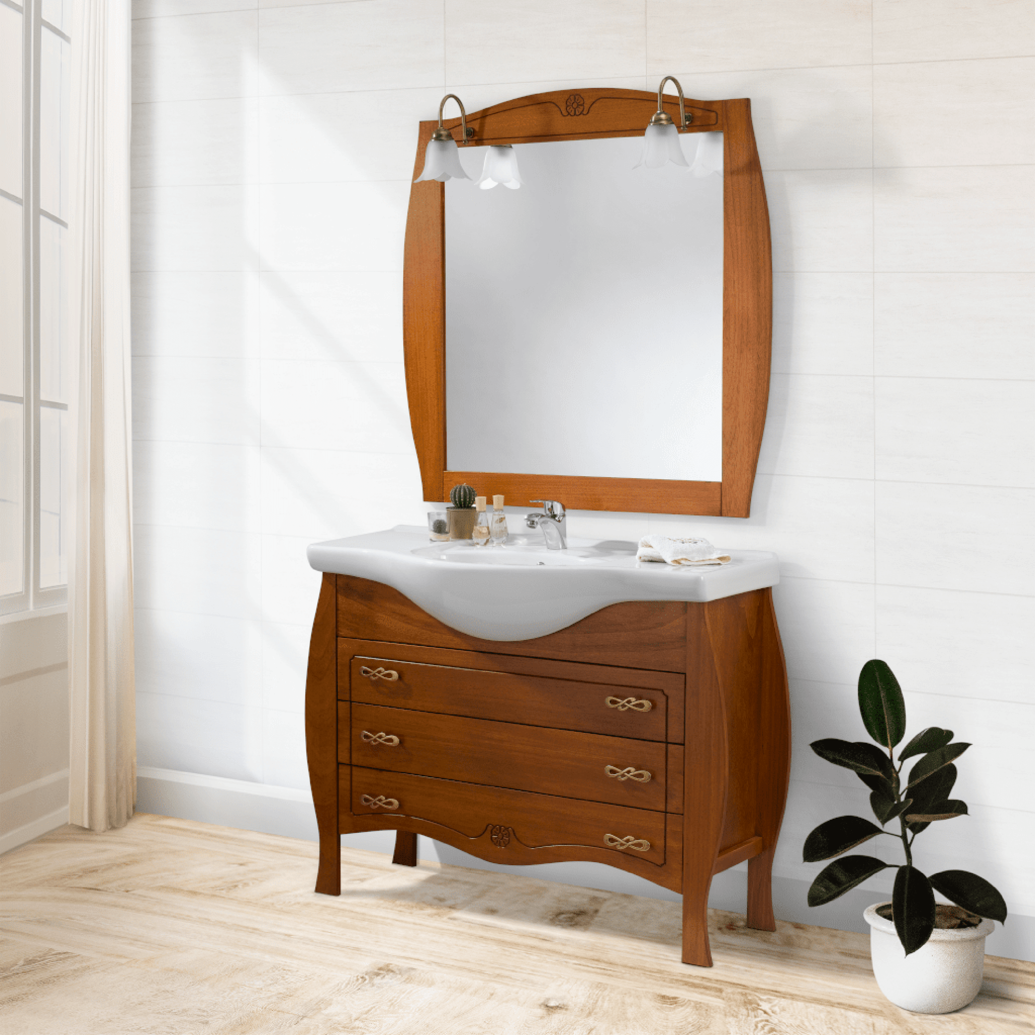 Mobile Bagno a Terra 100 Cm Tre Cassetti Specchio Con Lampade Led 90x90 Cm Esseci Arredo Bagno "Pechino"