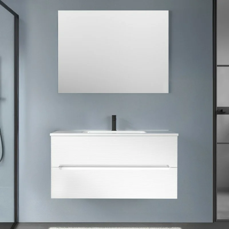 Mobile bagno sospeso 100 bianco cannettato 2 cassetti lavabo e specchio Rigo