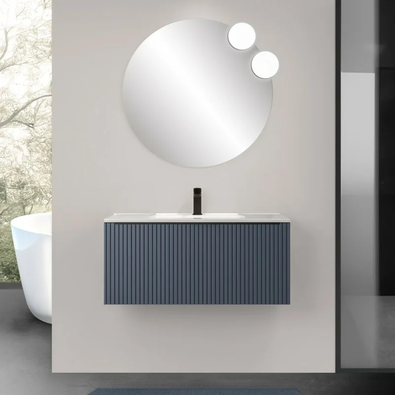 Mobile bagno sospeso 100 cm blu notte cannettato con cassetto, specchio e lavabo Nara