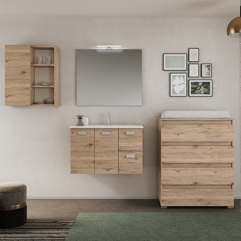 Mobile Bagno Sospeso 100 Cm Due Cassetti Due Ante e Specchio Con Lampada Led 100x70 Cm Savini Due "Angela 2"