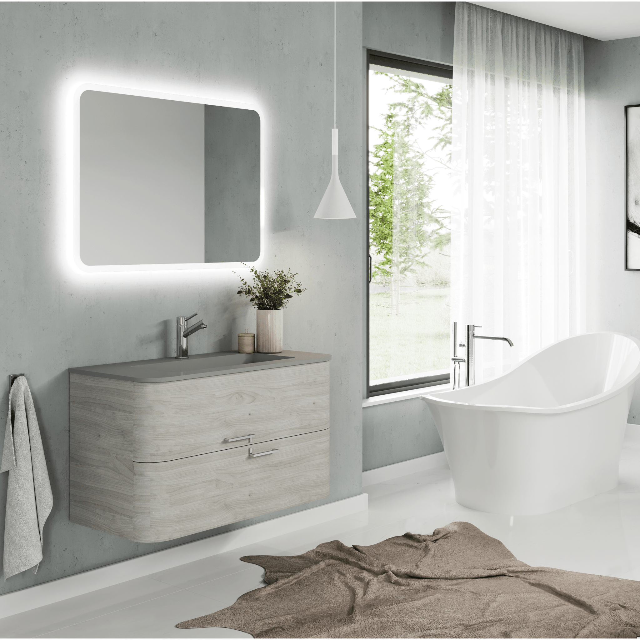 Mobile Bagno Sospeso 100 Cm Due Cassetti Specchio Retroilluminato 80x60 Cm Savini Due "Geos" Legno Nordico