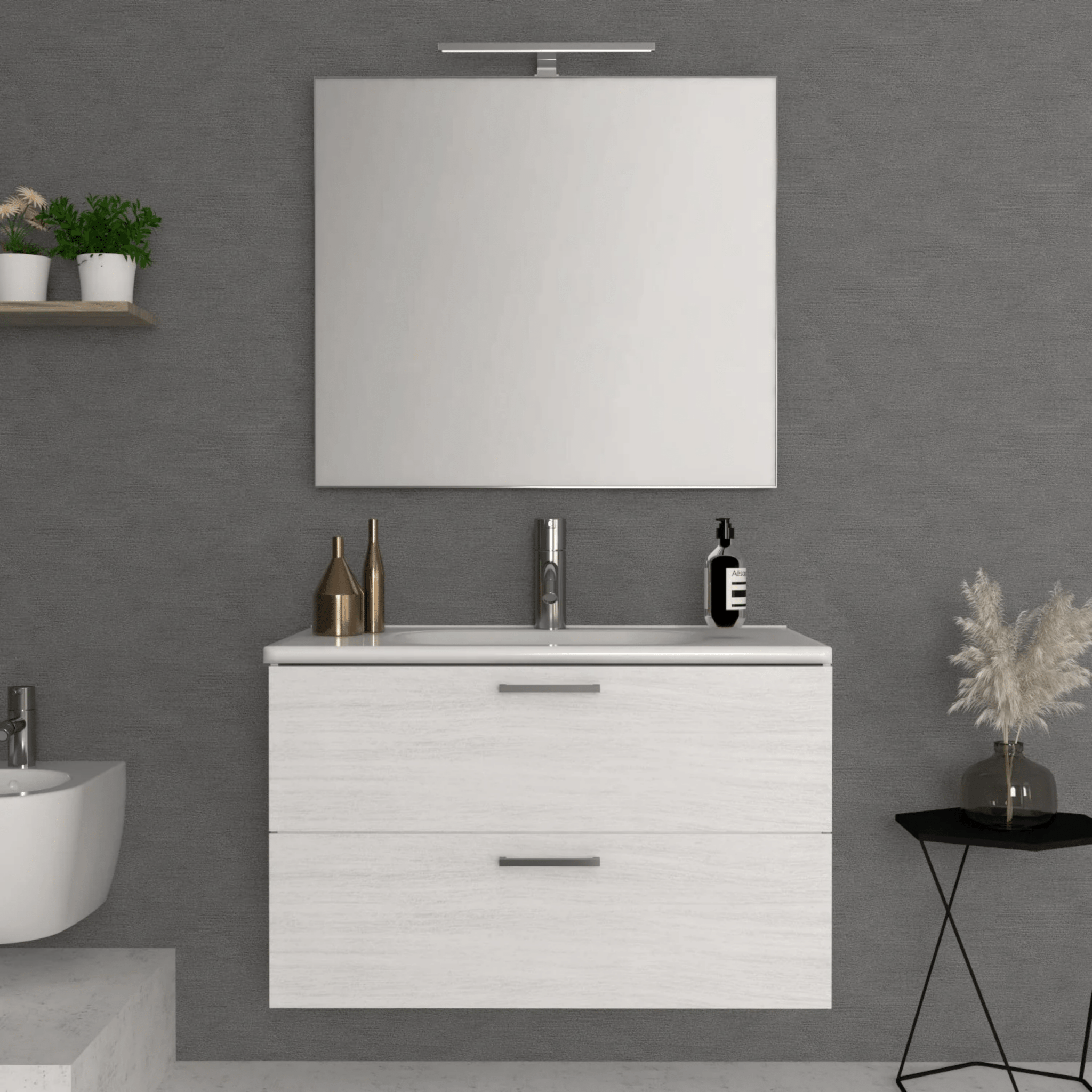 Mobile Bagno Sospeso 100 Cm Due Cassetti Specchio Con Lampada Led 100x70 Savini "Alice" Olmo Bianco