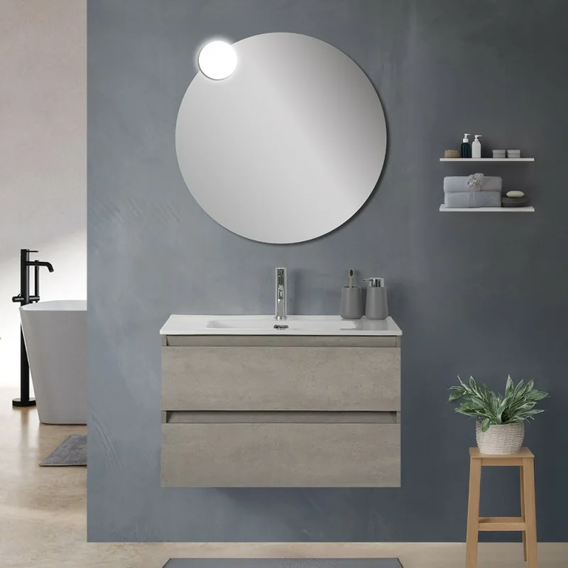 Mobile bagno sospeso 100 cm in legno grigio cemento 2 cassettoni con lavabo e specchio Leda