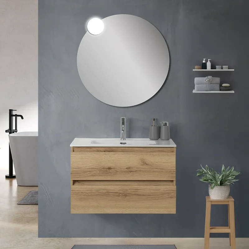Mobile bagno sospeso 100 cm in legno color quercia naturale 2 cassettoni con lavabo e specchio Leda