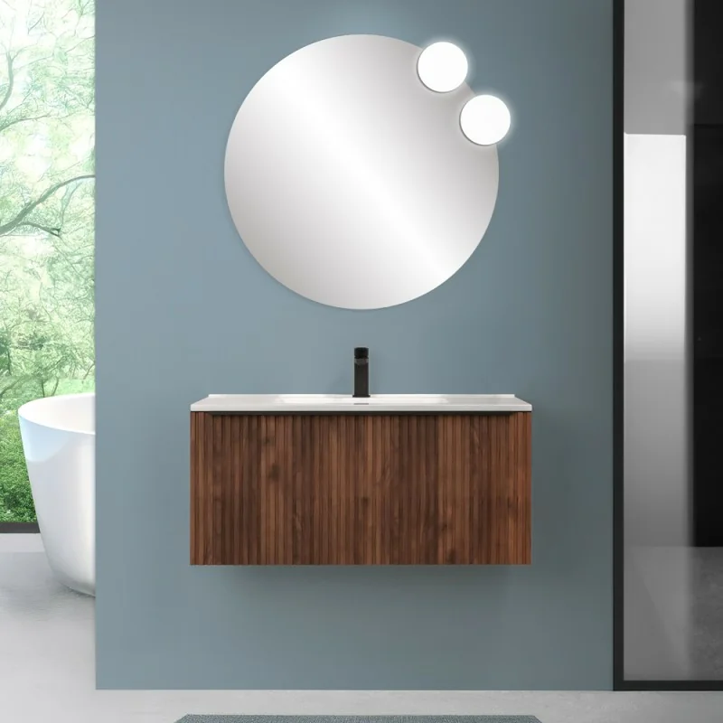 Mobile bagno sospeso 100 cm noce maya cannettato con cassetto, specchio e lavabo Nara