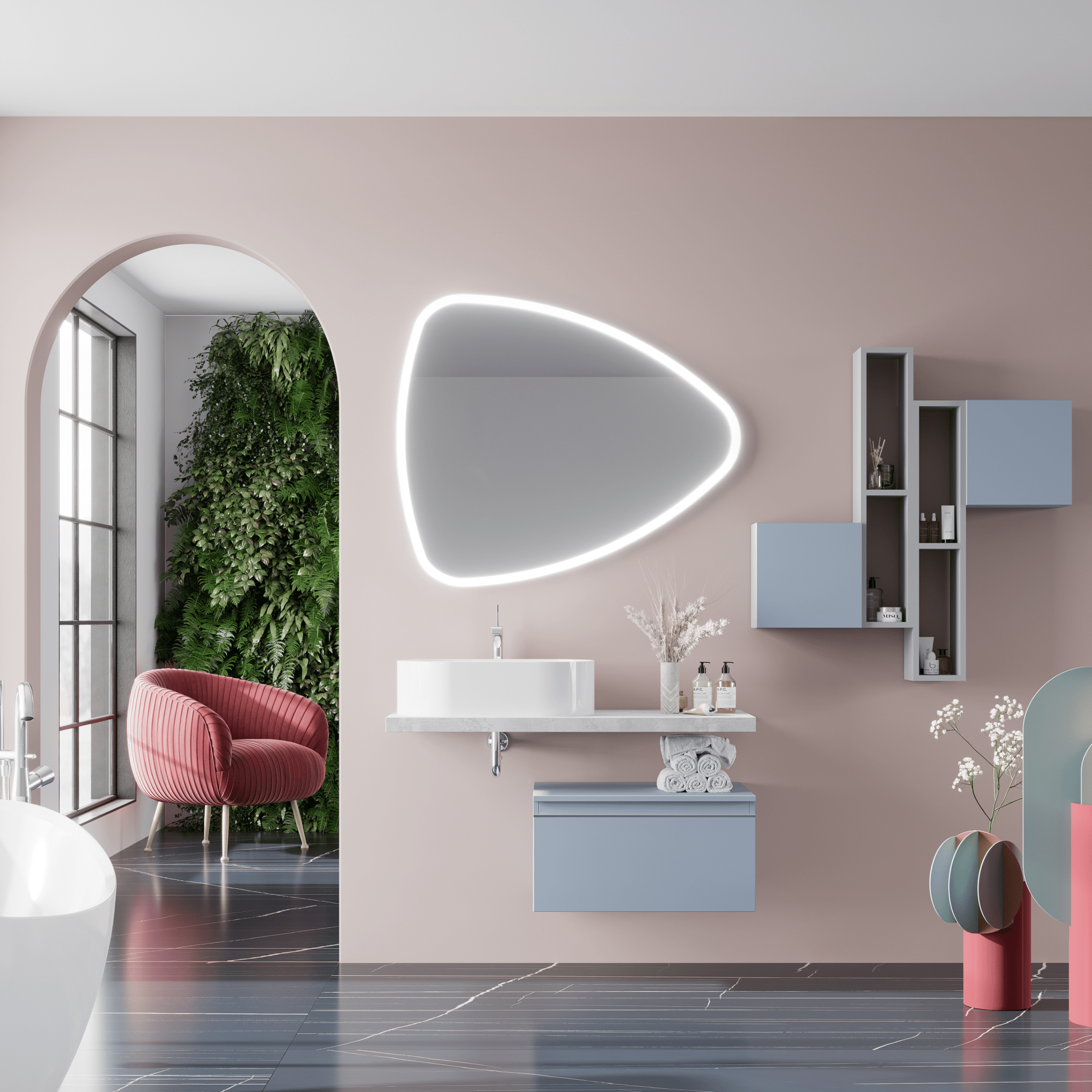 Mobile Bagno Sospeso 100 Cm Un Cassetto 60 Cm Specchio Con Illuminazione Led 100x85 Cm Savini Due "Linea"