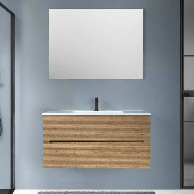 Mobile bagno sospeso 100 rovere cannettato 2 cassetti lavabo e specchio Rigo
