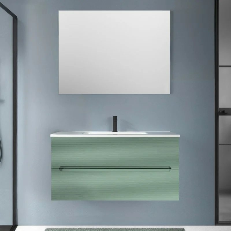 Mobile bagno sospeso 100 verde cannettato 2 cassetti lavabo e specchio Rigo