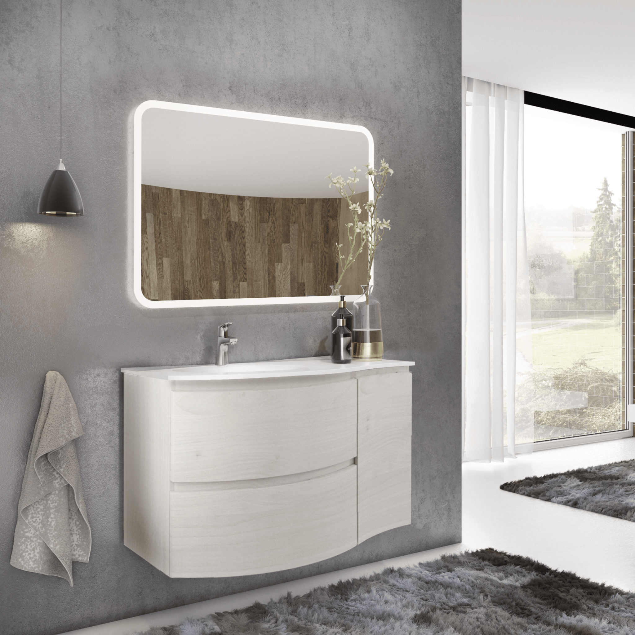 Mobile Bagno Sospeso 105 Cm Due Cassetti Un'Anta Specchio Con Illuminazione Led 100x70 Cm Savini Due "Armonia" Legno Nordico