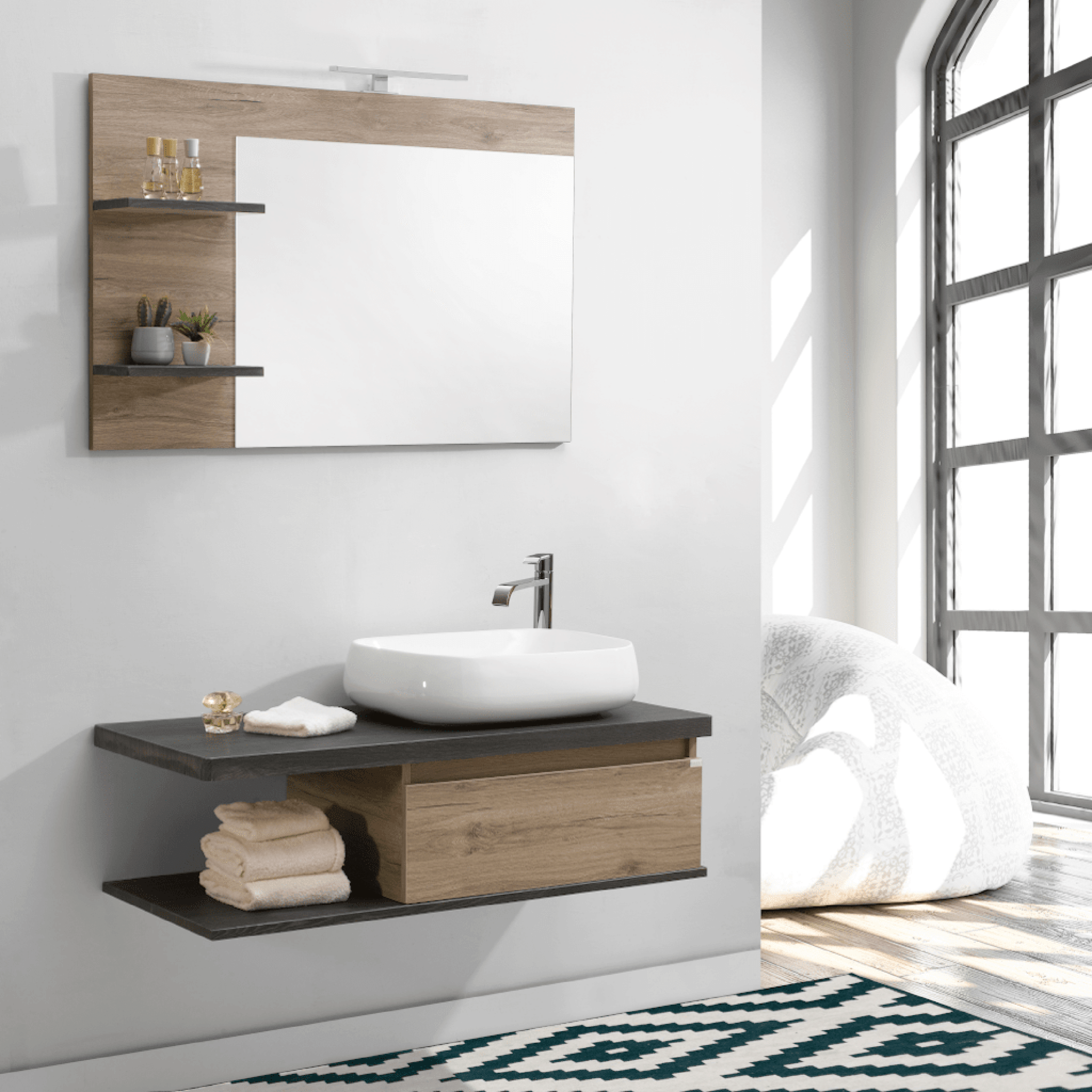 Mobile Bagno Sospeso 120 Cm Un Cassetto Specchio Con Mensole e Lampada Led 120x70 Cm Esseci Arredo Bagno "Amalfi"