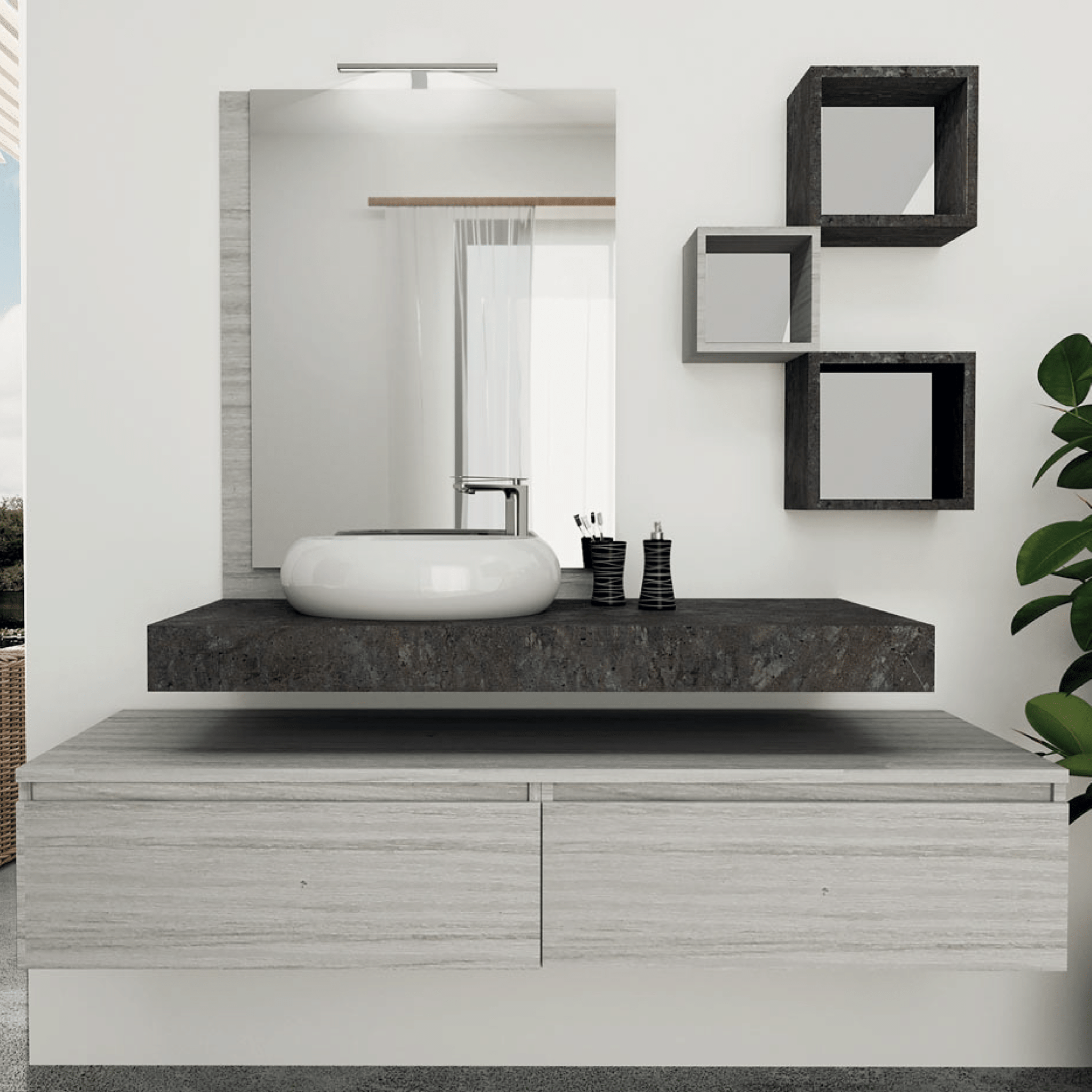 Mobile Bagno Sospeso 160 Cm Due Cassetti Specchio Con Lampada Led 80x60 Cm Esseci Arredo Bagno "Procida"