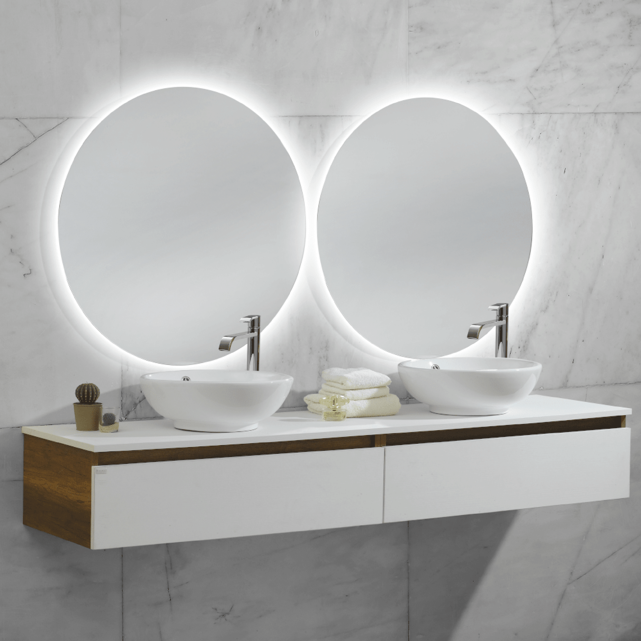 Mobile Bagno Sospeso 160 Cm Due Cassetti Specchi Retroilluminati Diametro 70 Cm Esseci Arredo Bagno "Vietri 2"