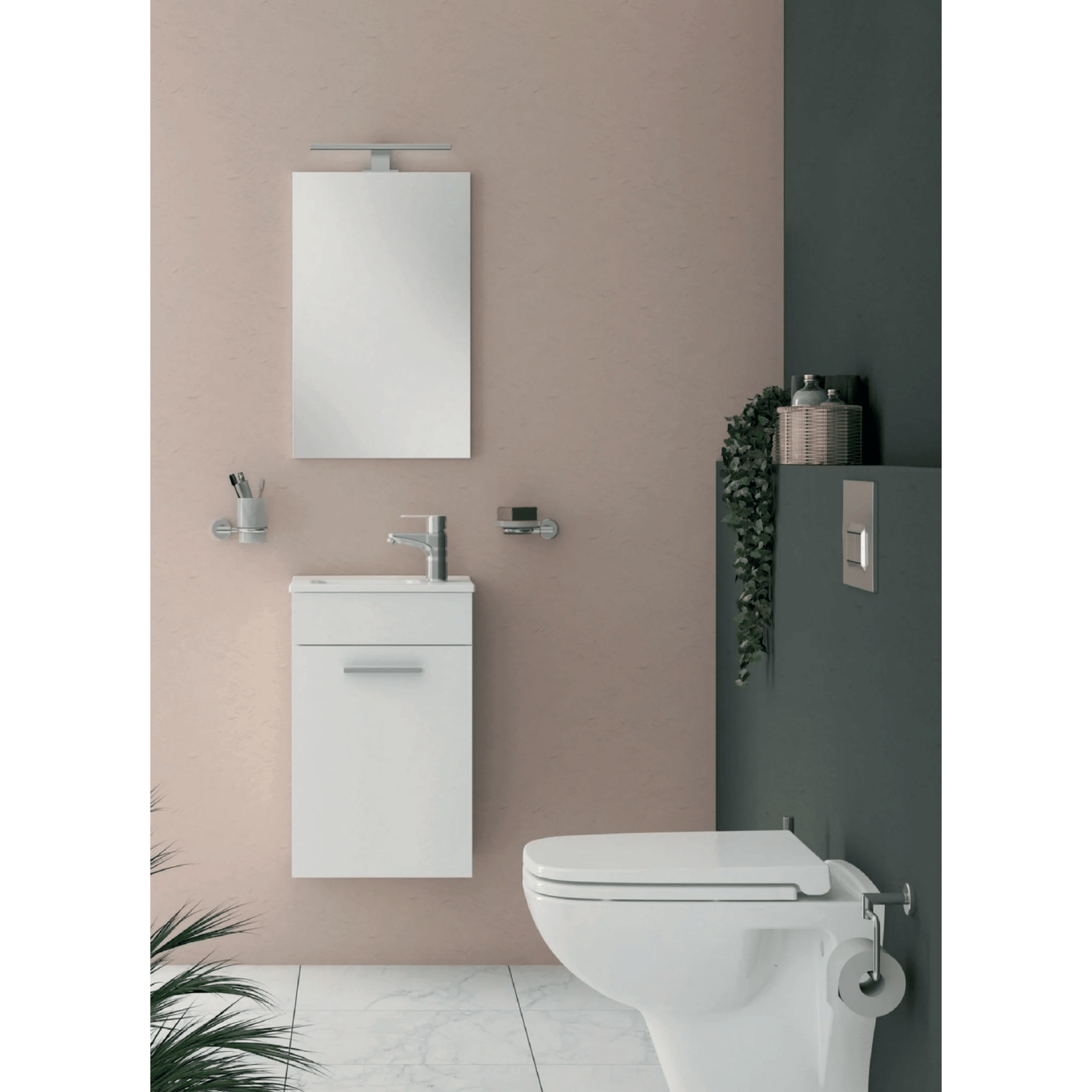 Mobile Bagno Sospeso 40 Cm Un'Anta Specchio Con Lampada Led 38,5x62 Cm Vitra "Mia" Bianco Lucido