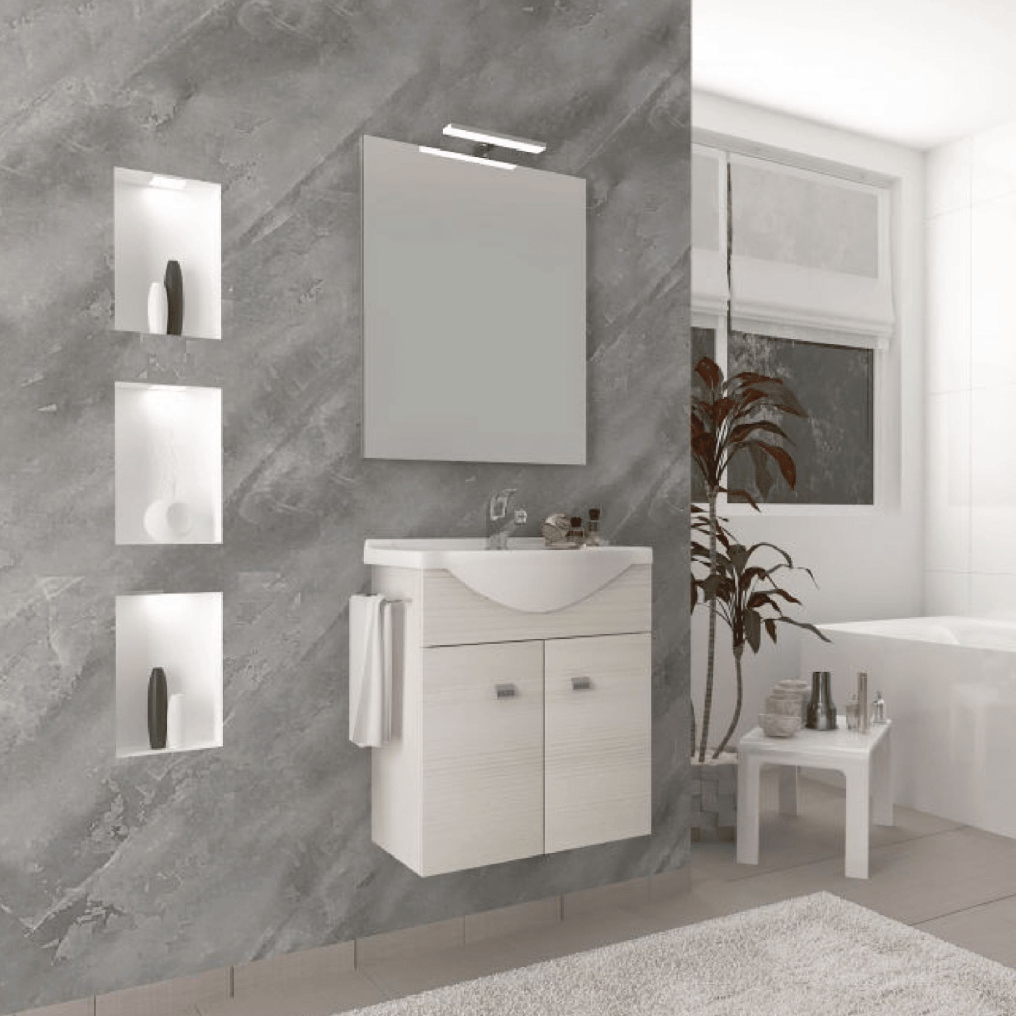 Mobile Bagno Sospeso 58 Cm Due Ante Porta Salviette e Specchio Con Lampada Led 60x80 Cm Savini Due "Zaffiro" Rovere Bianco