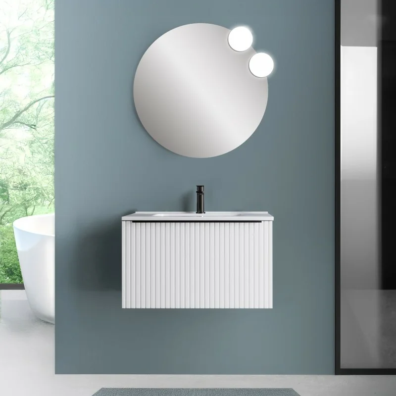 Mobile bagno sospeso 70 cm bianco opaco cannettato con cassetto, specchio e lavabo Nara