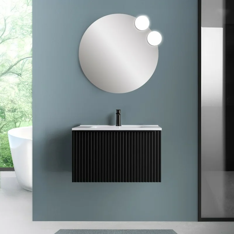 Mobile bagno sospeso 70 cm nero opaco cannettato con cassetto, specchio e lavabo Nara