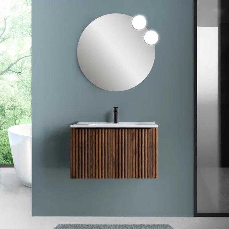 Mobile bagno sospeso 70 cm Noce Maya cannettato con cassetto, specchio e lavabo Nara