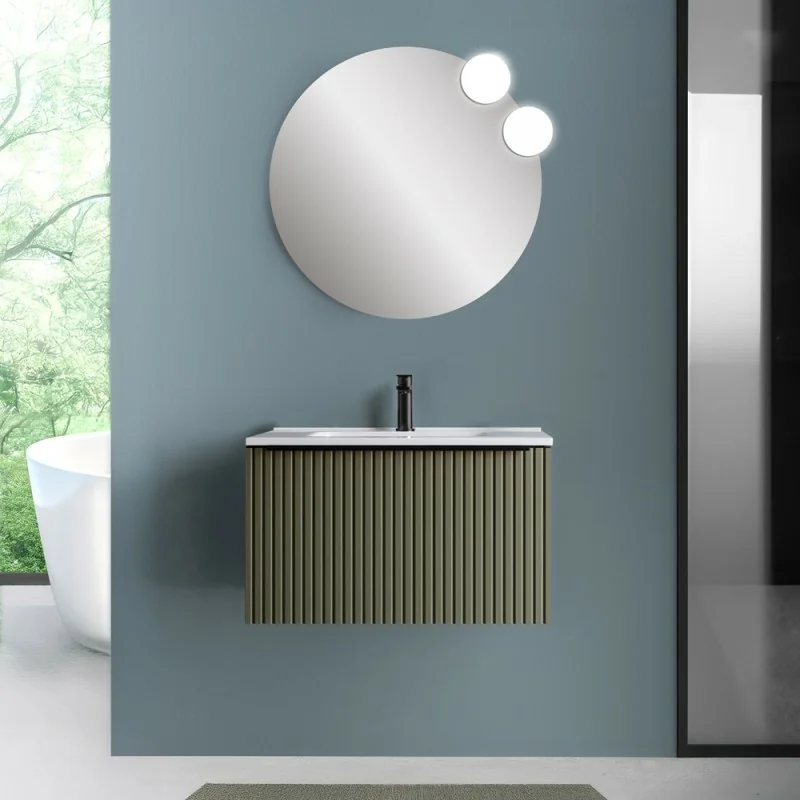 Mobile bagno sospeso 70 cm verde opaco cannettato con cassetto, specchio e lavabo Nara