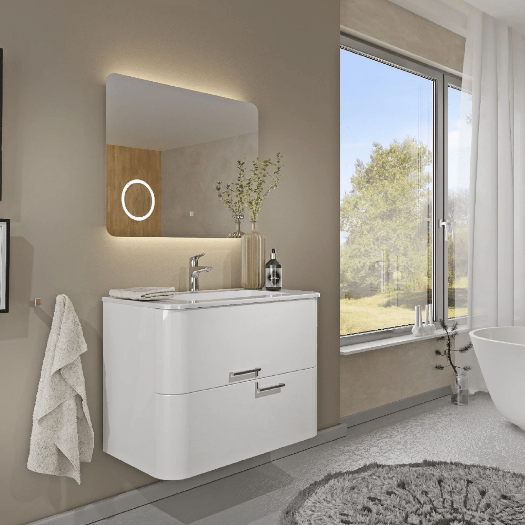 Mobile Bagno Sospeso 80 Cm Due Cassetti Specchio Con Illuminazione Led 80x60 Cm Savini Due "Geos" Bianco Lucido