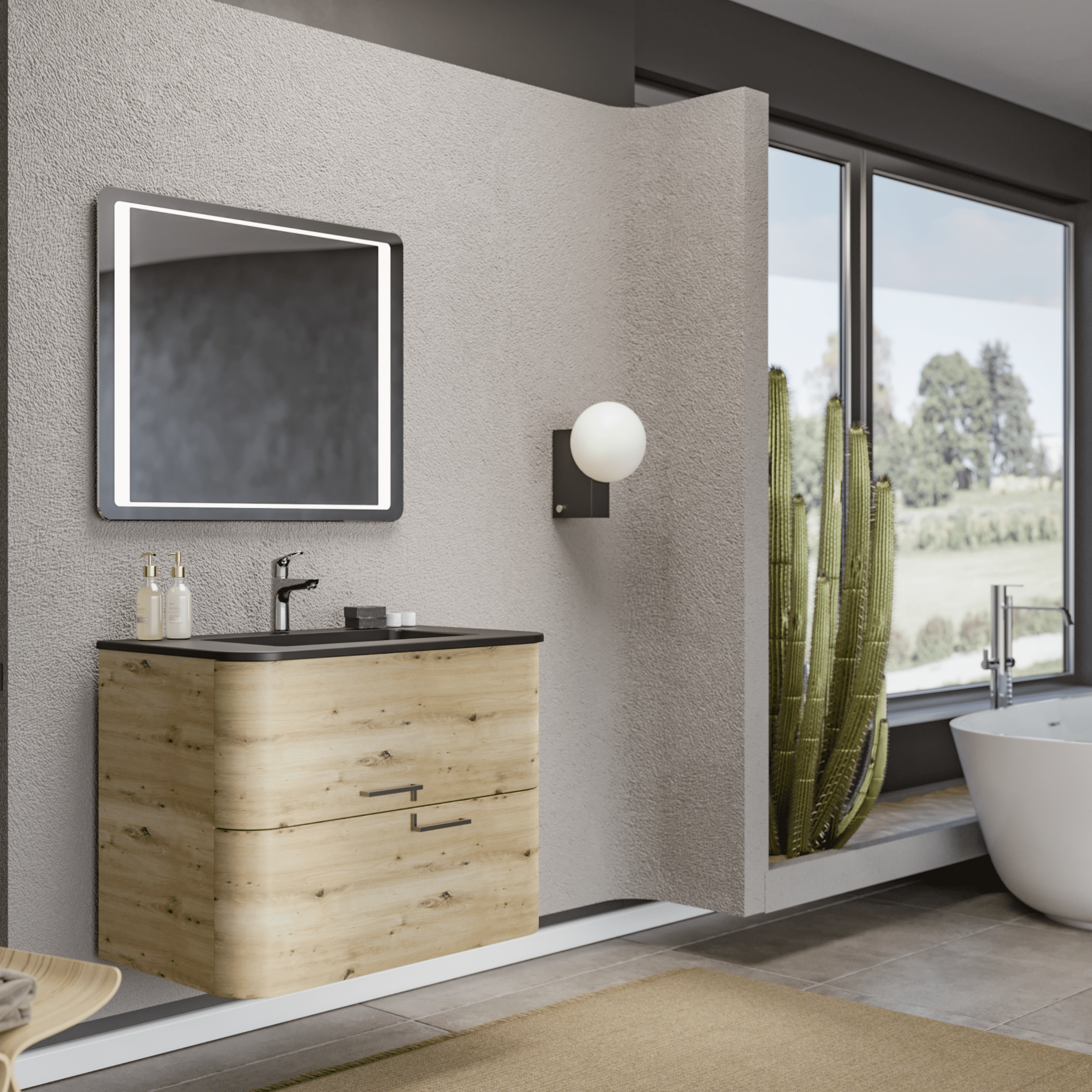 Mobile Bagno Sospeso 80 Cm Due Cassetti Specchio Con Illuminazione Led 80x60 Cm Savini Due "Geos" Rovere Oro/Nero Opaco