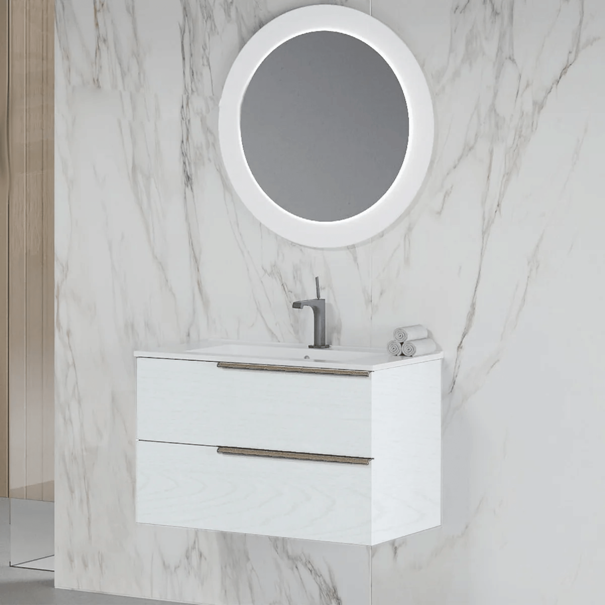 Mobile Bagno Sospeso 80 Cm Due Cassetti Specchio Con Illuminazione Led Diametro 75 Cm Savini Due "Oikos" Bianco Alaska