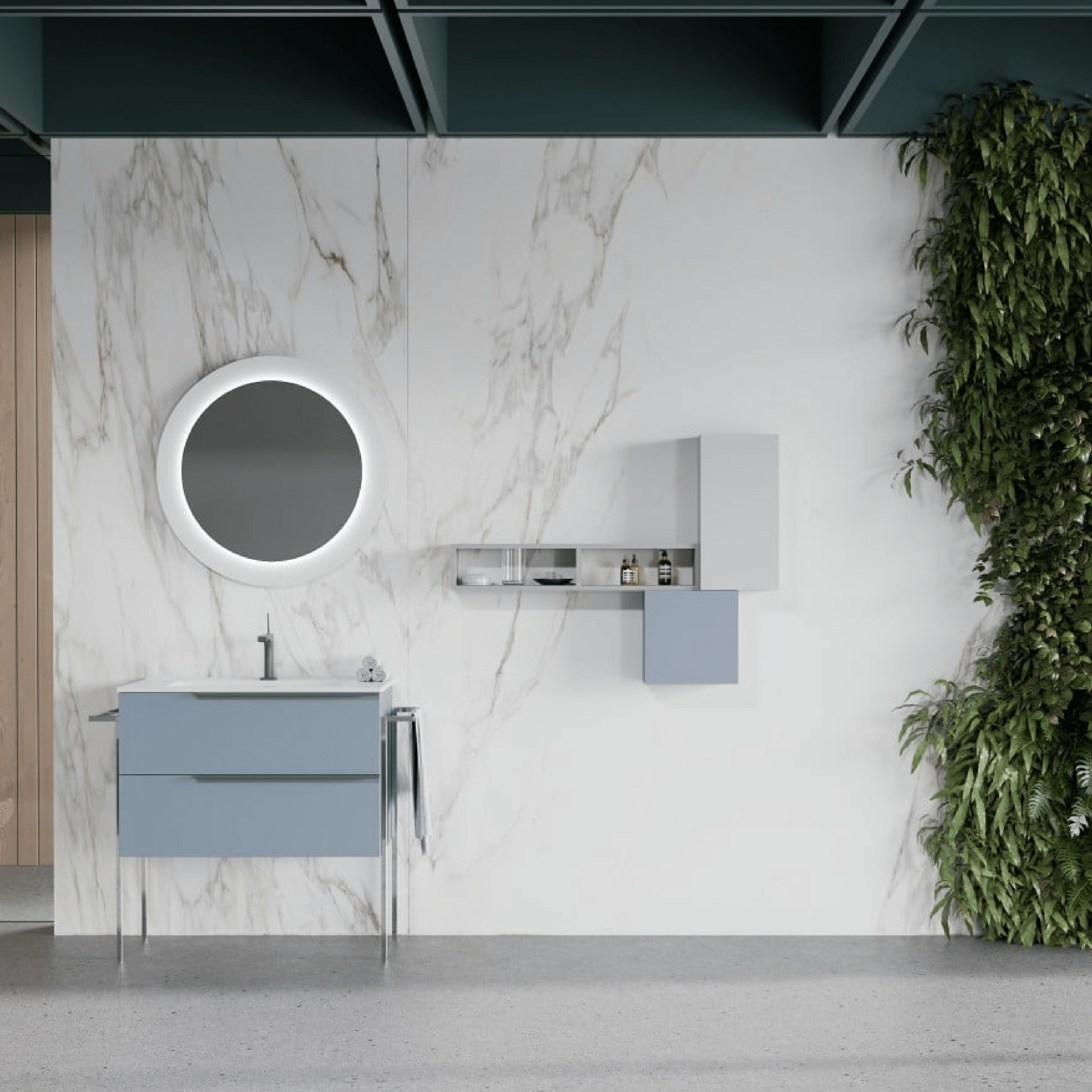 Mobile Bagno Sospeso 80 Cm Due Cassetti Specchio Con Illuminazione Led Diametro 75 Cm Savini Due "Oikos" Blu Pastello Opaco