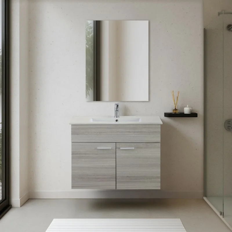 Mobile bagno sospeso 80 cm grigio in legno nobilitato melaminico con due ante, lavabo e specchio