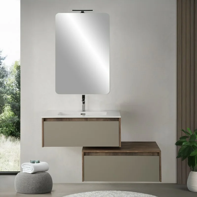 Mobile bagno sospeso 80 cm in legno tabacco e tortora con 2 cassetti, lavabo e specchio Smok