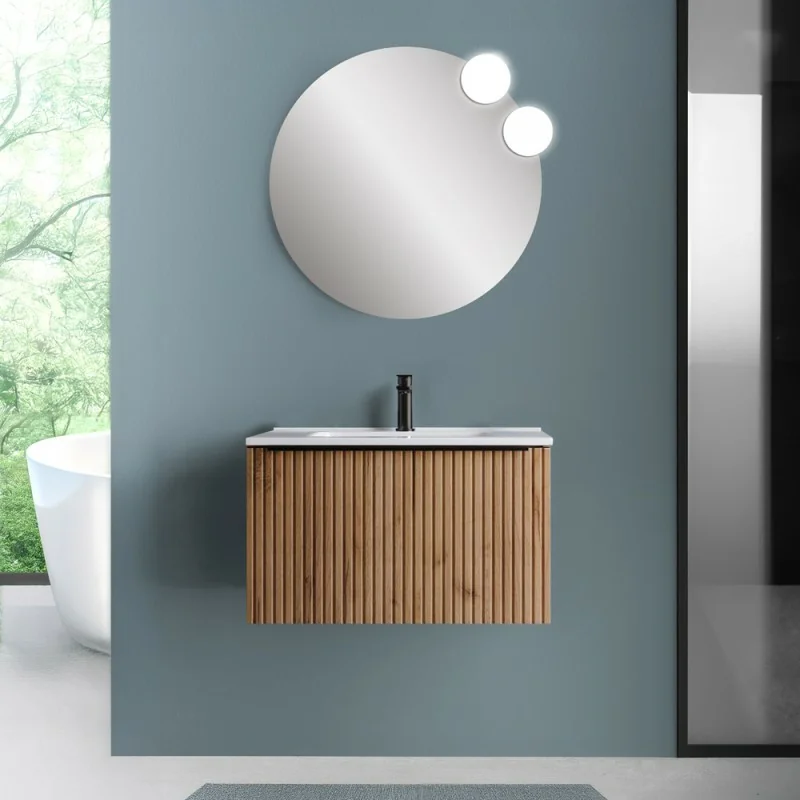 Mobile bagno sospeso 80 cm Rovere Africa cannettato con cassetto, specchio e lavabo Nara