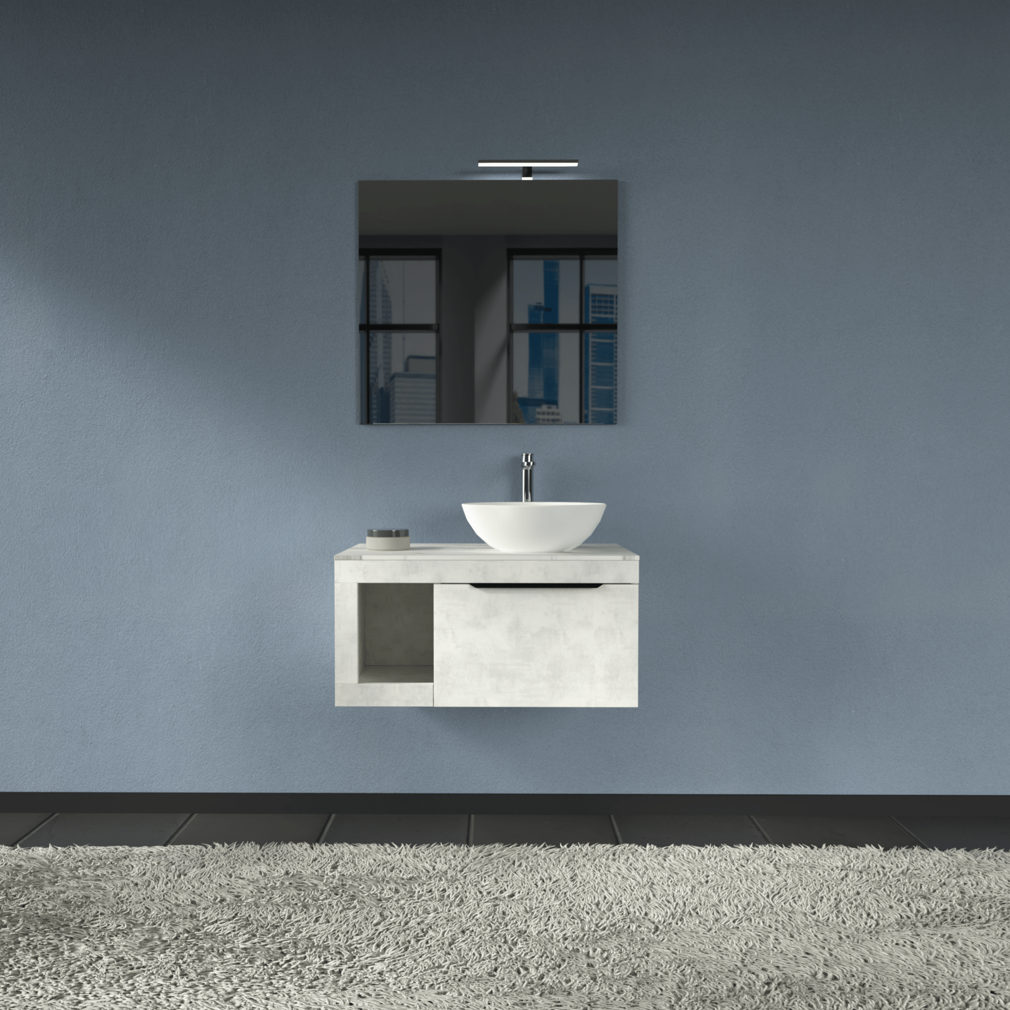 Mobile Bagno Sospeso 80 Cm Un Cassetto Con Vano a Giorno Specchio Con Lampada Led 70x80 Cm AdattoCasa "Lido" Grigio Cielo/Carrara